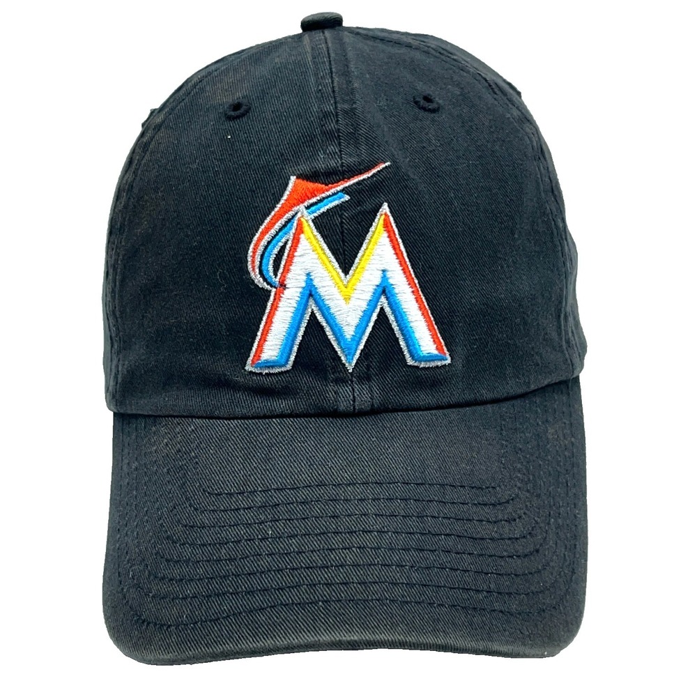 Miami Marlins Hat Cap Fitted Size Medium Black Plain Logo Dad Adjustable Faded
